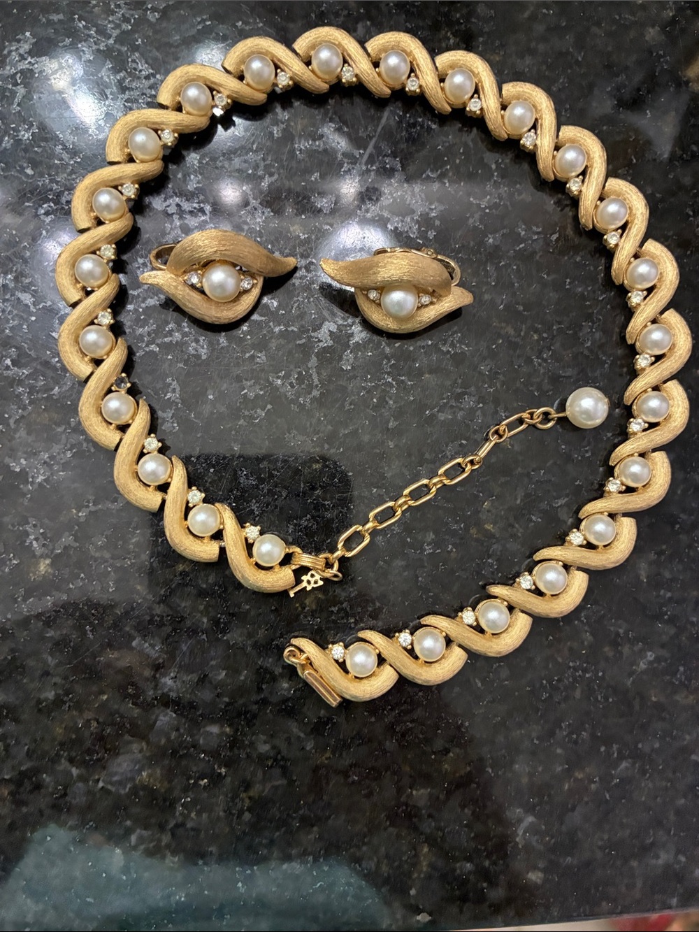 Gold Pearl Wave Necklace and Clip-On Earrings Set